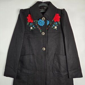 Zara Woman Size Large Black Wool Blend Embroidered Floral Yoke Collar Lined Coat